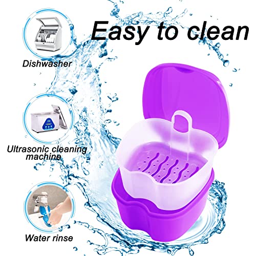 2 Pack Denture Bath Case Dental False Teeth Holder with Brush, Retainer Cleaning Case Denture Bath Cup Storage False Teeth Travel Case with Strainer - Purple and Dark Blue - color: Purple & Dark Blue