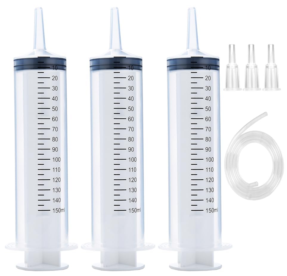 3 Pack 150ml Syringes with 55.1-Inch Tubes, Large Plastic Syringe for Scientific Labs Experiments, Nutrient Measuring, Watering, Refilling - style: 150 ml