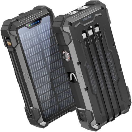 GOODaaa Solar Power Bank 24000mAh, Portable Charger with 4 Built-in Cables, Fast Charging 5 Outputs 2 Inputs Battery Pack, Thermometer & SOS Flashlight for iPhone 17/16, Samsung, All Cell Phones - color: Deep Black