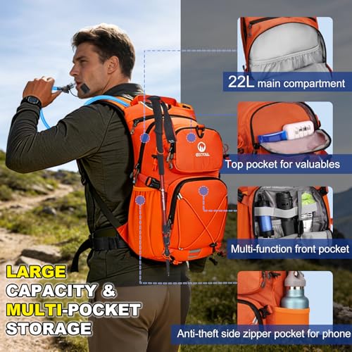 Hydration Backpack 22L, Hiking Backpack with 2L Leakproof Bladder, Sewn-in Rain Cover, Insulated Compartment for Men & Women Running, Cycling, Camping - color: Orange