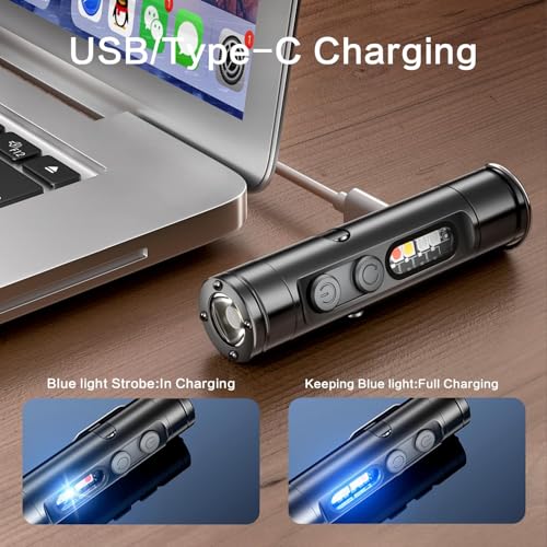 [No Igniter] K2 Mini Keychain Flashlight,Rechargeable 5-in-1 EDC Pocket Torch with COB Light, UV, Red Light, Magnetic Base & Window Breaker, Compact Survival Tool for Camping, Car, Travel & Gift - color: Black