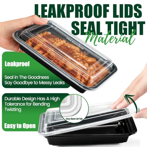 100 Pack (200-Piece) 16oz Meal Prep Containers with Lids Reusable Food Containers Leakproof & Microwave, Freezer, Dishwasher Safe Durable Plastic Storage Containers Bento Box for To Go Take Out Black