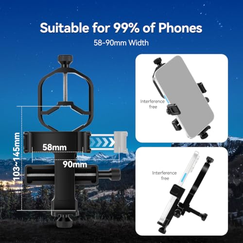 SVBONY SV214 Pro Telescope Phone Mount 3 Axis, Telescope Phone Adapter | for 28-48mm Eyepiece, Spotting Scope Binoculars, Telescope Mount with Remote Control, Aluminum Alloy Material - size: Support 28 to 48mm
