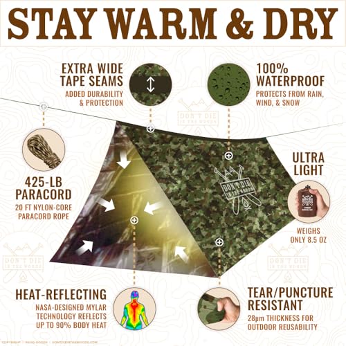 Don't Die In The Woods – Emergency Tent – Compact Outdoor Survival Shelter | Ultralight – Waterproof – Extra Thick – Space Blanket Thermal Mylar for Hiking Camping Survival Gear First Aid Kit Essentials - color: Squatch Sh*t Camo
