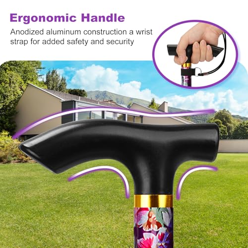 MFE Folding Cane, Portable 5-Level Adjustable Height Walking Stick with Foldable Design, Wrist Strap, and T Handle for Men and Women - color: Purple Floral