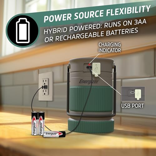 Energizer S-500 Hybrid Power Camping Lantern, Solar, Rechargeable, or AA Battery Powered, IPX4 Water Resistant Bright LED Lantern - style: 500 Lumens