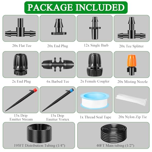 235FT Drip Irrigation System Kit, Automatic Drip Irrigation Kit with 1/2 inch Hose 1/4 inch Distribution Tubing and Accessories - size: 235 FT (38FT Main tube+197FT Distribution tube)
