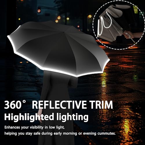 erised's bifrost Travel Folding Inverted Umbrella, Compact Reverse With Reflective Stripe,Auto Open/Close, UPF 50+ UV Protection, Large Canopy, 10 Ribs,Rain & Sun,Suitable for Men, Women,Backpack/Car - color: Grey