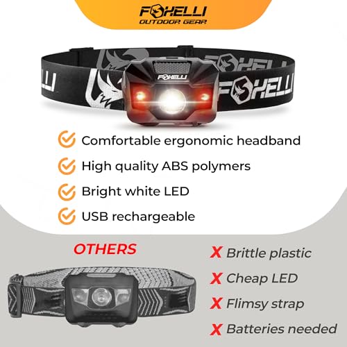 Foxelli USB‑C Rechargeable LED Headlamp – Ultra‑Light 2.4 oz & Bright 180 Lumens – Red/White Light, 5 Modes, IPX5 Waterproof, 40 h Runtime for Trail Running, Camping, Hiking - color: 2-Pack Black