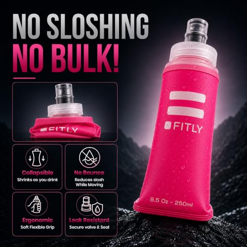 FITLY Soft Flask - Shrink As You Drink Soft Water Bottle for Hydration Pack - Folding Water Bottle Ideal for Running, Hiking, Cycling, Climbing & Rigorous Activity - color: Pink, size: 8.5 Ounces