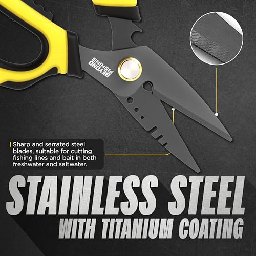 Beyond Fishing 6.5" Pro Fishing Shears Dual Serrated Blades, Fishing Braided Line Scissors with Titanium Coating, Non-Slip Grip & Multifunction Tool, Includes Hard Molded Locking Sheath - color: Omnipro - Black and Yellow