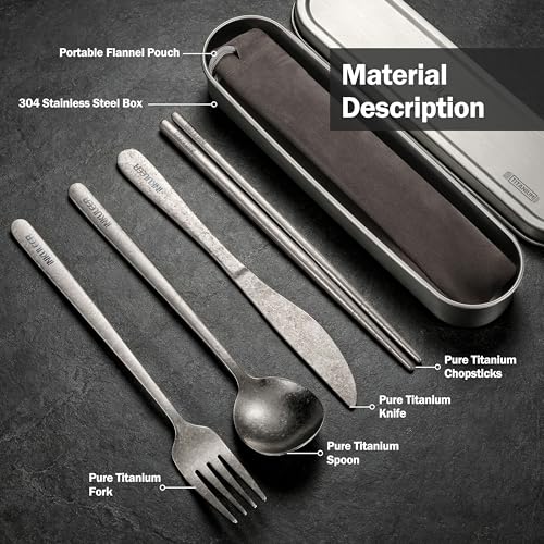iNKULEER 100% Pure Titanium Travel Cutlery Set | Reusable Utensils with Metal Case | Portable Silverware for Camping, Office, Travel & Outdoor Dining - color: Pure Titanium
