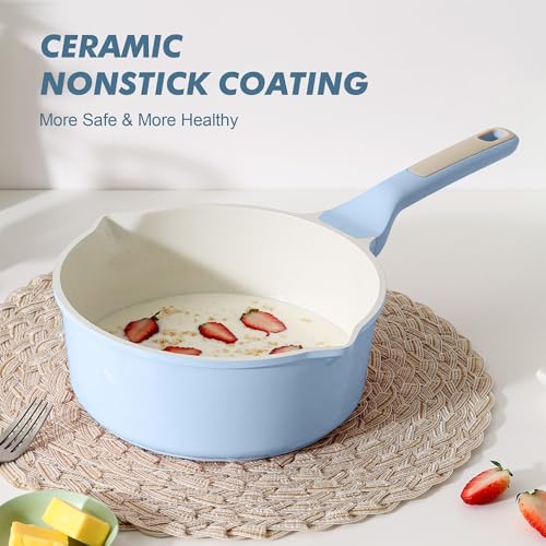 SENSARTE Ceramic Nonstick Saucepan with Double Pouring Spout, 3QT, Blue | Cooking Pot with Stay Cool Handle, Induction Compatible, Ceramic Coating, PFOA/PFAS/PTFE Free - color: Glacier Blue, size: 3.0 Quarts