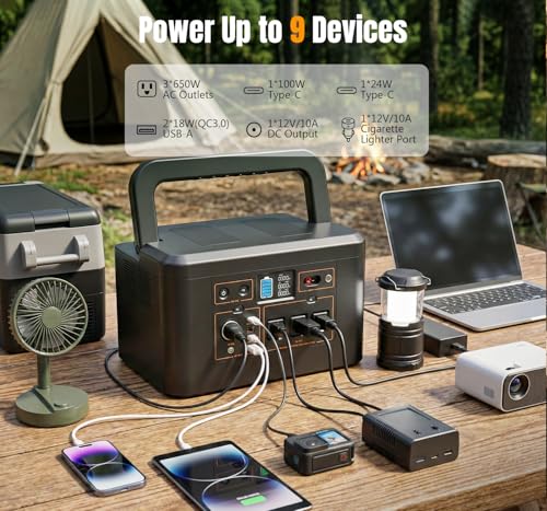 Portable Power Station 650W (1200W Peak), 576Wh Solar Generator - color: Black