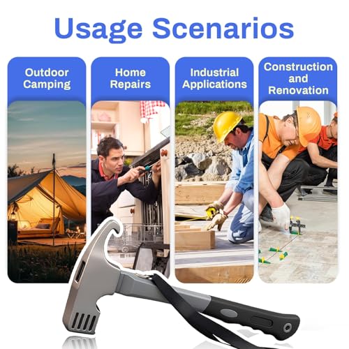 Camping Hammer with Tent Stake Remover, 12" Heavy Duty Steel Tent Mallet Rubber Covered Anti-Slip Handle & Holding Strap Multi-Functional for Camping, Backpacking, Hard Places (Blue) - color: Blue