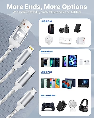 Multi Charging Cable, Multi USB Cable Nylon Braided 3 in 1 Multiple USB Cable Universal Charging Cord Adapter with IP/Type C/Micro USB Port for Cell Phones/Samsung Galaxy/Ps/LG/Huawei/Tablets/Kindle - color: White, size: 3 in 1 4FT 2PACK