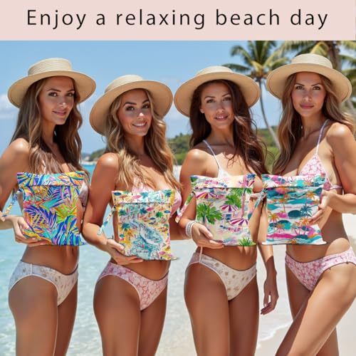 Wet Bag, 4Pcs Wet Dry Bag Set, Reusable Waterproof Bags with Palm & Beach Crowd Patterns for Women, Practical for Pool Days & Daily Essentials Storage - color: Palm & Beach