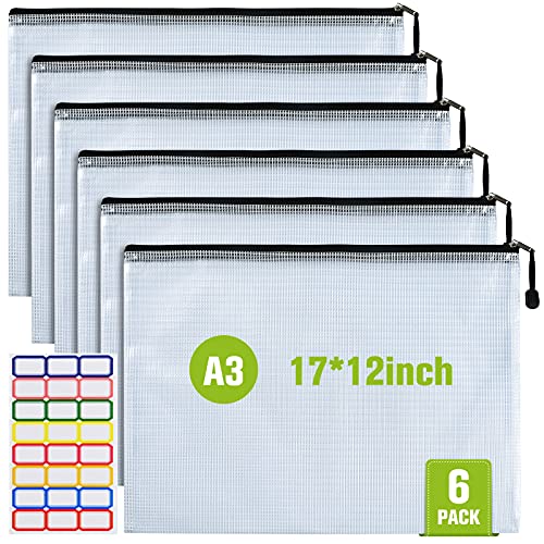 A3 Mesh Zipper Pouch Bag, 6PCS Waterproof Plastic Mesh Zipper Bag, Black | 17×12 Inch Tear-Resistant Document Pouch, Extra Large Zip File Bags, for School Classroom Office Supplies Home Travel Storage - color: Black, size: A3 (17×12 inch)