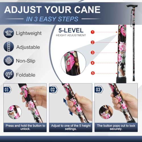 supregear Folding Cane, 5-Level Adjustable Height Walking Stick Lightweight Collapsible Portable Travel Cane with Wrist Strap and T Handle for Elderly Disabled Men Women - color: Black Floral
