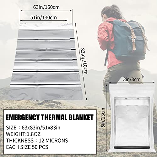 Macarrie 100 Pack 2 Size Emergency Thermal Blanket Survival - Emergency Blankets Silver Foil for Outdoors Camping Hiking First Aid Adult, 82 x 63, 82 x 51 (100 Pieces)