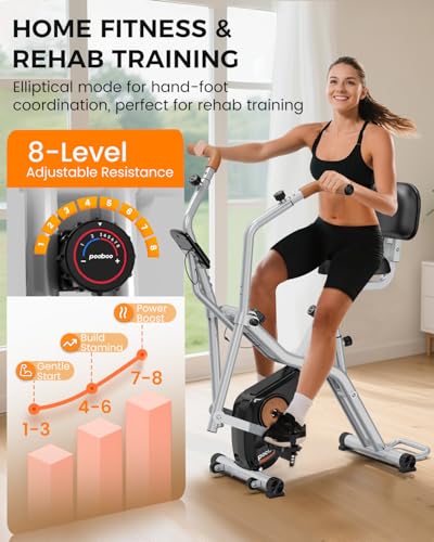 pooboo Folding Magnetic X‑Bike, Upright Exercise Bike for Home Gym | Foldable Indoor Stationary Cycling Bike, 8‑Level Resistance, 6.6 LBS Flywheel, 300 LB Capacity, Back Support Cushion - color: Silver Grey