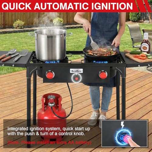 Bestfire 2 burner Camping Stove with Auto Ignition Button,Side Shelves & Regulator150,000 BTU High Pressure Gas Stove Propane Burner With Removable Legs for Outdoor BBQ&Backyard Cooking Camping Home - style: 2 burner without windpanel