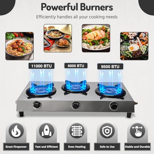 3 Burner Gas Stove Stainless Steel RV Cooktop Portable Camp Stove | Portable 3 Burner Gas Stove Top, Indian Style Gas Stove for Outdoor Grilling Kitchen with Hose & Regulator