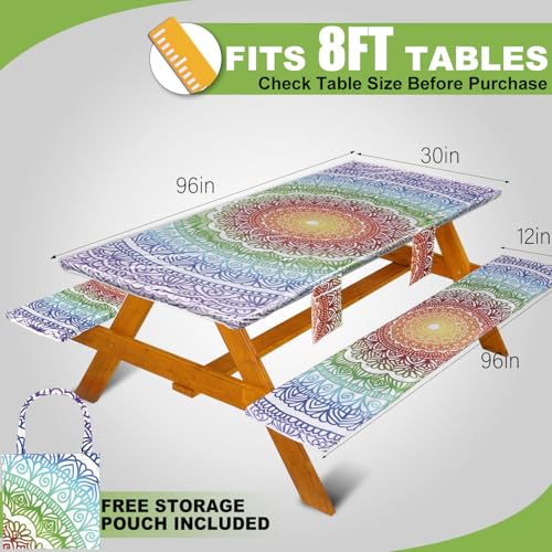 Wrakus Picnic Table Cover with Bench Covers Vinyl Elastic Edges Fitted Rectangle Seat Tables Waterproof 3-Piece96X30in Set Outdoor Rectangular Folding Backing Tablecloth for Camping Over Size - color: Orange Gradient Flowers, size: 96in