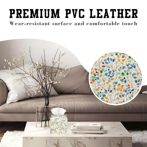 Tissue Box Holder Colorful Leaves Spots on Branches Square Leather Tissue Box Cover Modern Cube Facial Paper Cover Case for Bathroom Vanity Countertop Night Stands Tabletop - color: Colorful Leaves Spots on Branches