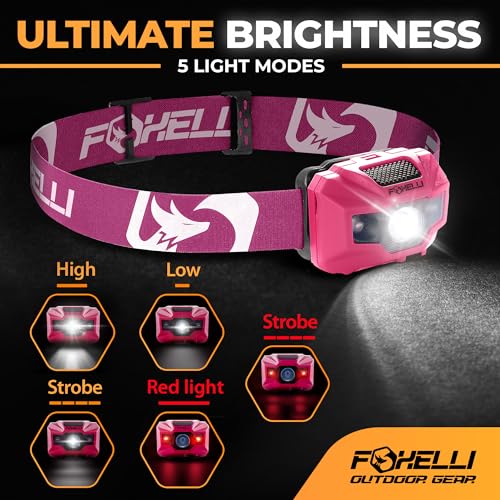 Foxelli USB‑C Rechargeable LED Headlamp – Ultra‑Light 2.4 oz & Bright 180 Lumens – Red/White Light, 5 Modes, IPX5 Waterproof, 40 h Runtime for Trail Running, Camping, Hiking - color: Neon Pink