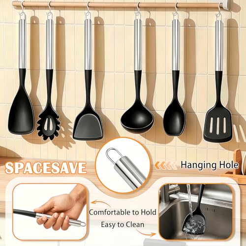 Large Silicone Cooking Utensils Set, 10Pcs Nonstick Kitchen Utensil Set with Stainless Steel Handle, BPA Free Spatula Set with Turners Spoon Ladle Skimmer(Black/Silver) - color: Black/Silver