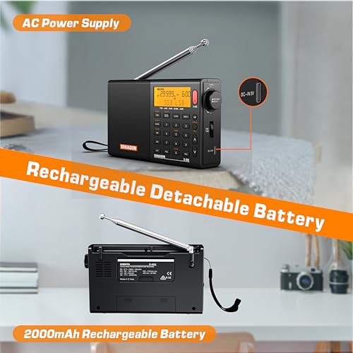 XHDATA D808 Portable AM FM SW LW Air Band Shortwave Radio SSB RDS Multi Band Digital Radio Speaker with LCD Display Alarm Clock External Antenna (Black) - color: Black