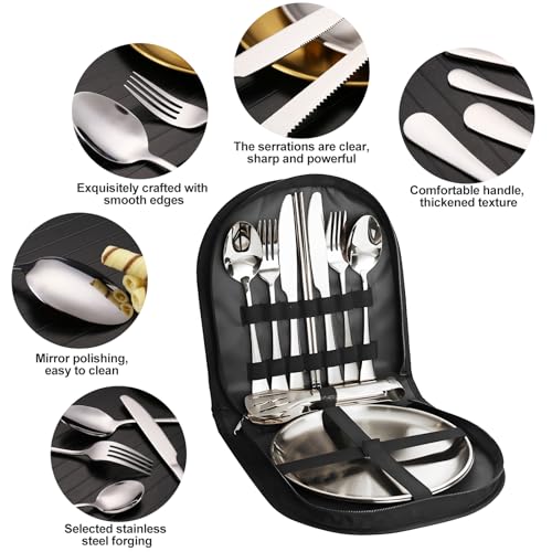 Camping Cutlery Set, 12-Piece Stainless Steel with Plates and Case, Portable Outdoor Dining Kit, Silver