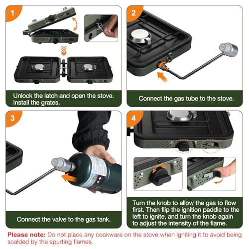 2 Burner Camping Stove with Windscreen, 12 Plates Foldable Portable Aluminum Camping Stove Windshield, Folding Gas Stove with 17200 BTU Adjustable Burners, Suitable for Propane & Butane - color: Green with Windscreen