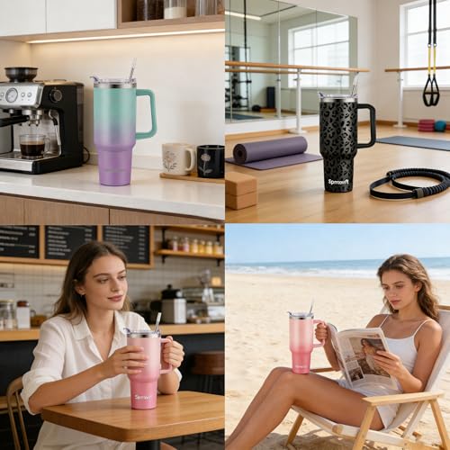 40oz Travel Tumbler with Handle and Straw, Water Bottle with Carrier Bag - color: Pink/blue