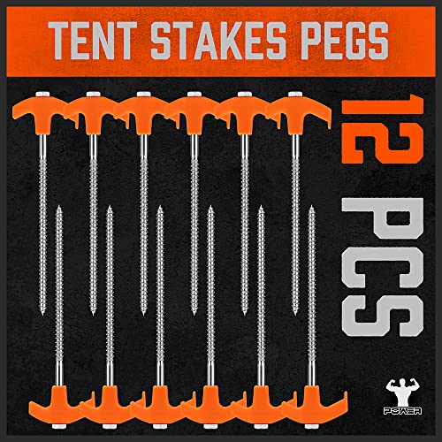 HORUSDY Tent Stakes Heavy Duty, 12-Pack 8.07 Inch Tent Stakes with 4 x 13ft Rope & 1 Stopper T Pull Hook - size: 12 Pack