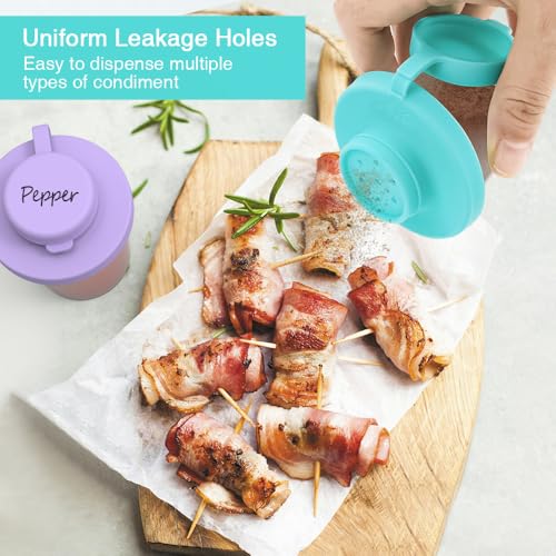 SOPHICO 1.5 & 3.2oz Salt and Pepper Shaker,With Moisture Proof silicone lid | Moisture Proof Sinlicone Lids, Spice Shaker to go for Camping Travel Picnic Lunch Boxes - color: purple & blue, Small & Medium