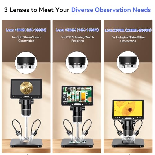 TOMLOV TriL107 3-Lens Digital Microscope 2500X，Coin Magnifier with Light - size: 7"