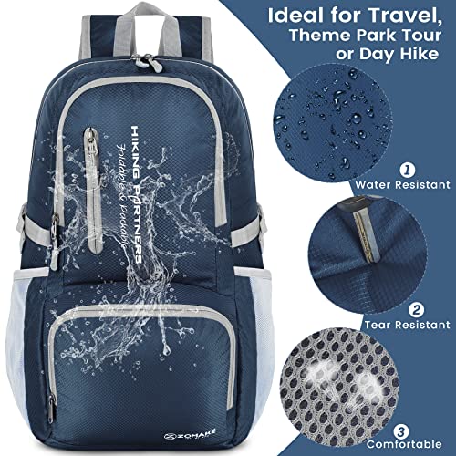 ZOMAKE Lightweight Packable Backpack, 35L Foldable Daypack (Navy Blue) | Light Hiking Backpacks Water Resistant Collapsible Day Pack for Travel, Everyday Carry, Multi-Pocket Layout, Heavy Duty Nylon - color: Navy Blue, size: 35L