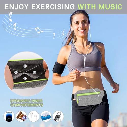 Running Belt Slim, Light Running Belts for Phone with Reflective Strip, Running Fanny Pack Sweatproof with Headphone Jack, Running Pouch Separate Pockets for Workouts, Trips (Light Gray)