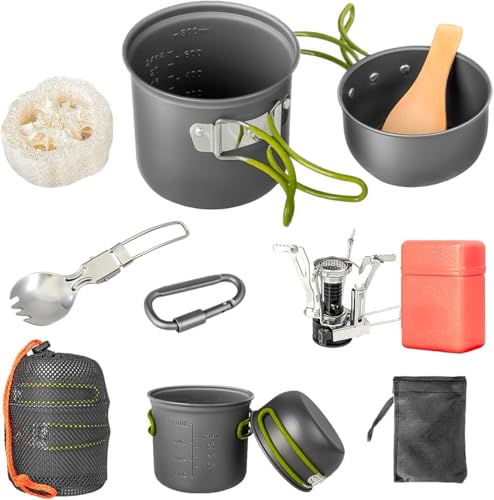 Camping Cookware Set, Portable Camping Mess Kit with Non-Stick Pots, Pans Set and Folding Fork, Lightweight Backpacking cookware Cooking Set for Outdoor/Camping/Hiking/Picnic - color: Green