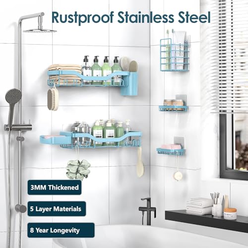NESOMI Shower Caddy Adhesive Shower Organizer 7-Pack, Rustproof Stainless Steel Bathroom Shelves, Large Capacity No-Drill Rack Storage Accessories with Soap Dish Toothbrush Holder Hooks - color: Blue, size: 7-Piece Set