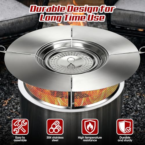 Heat Deflector for Solo Stove Bonfire 19.5",Fire Pit Heat Deflector with Mesh Spark Screen&2 Pokers,304 Stainless Steel 2 in 1 Heat Diffuser for Solo Stove Bonfire Accessories Camping Capture Warmth