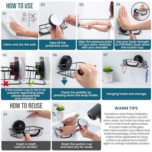 TAILI Soap Holder, Soap Dish Suction Cup with Hooks, Stainless Steel, Black | Soap Dish for Shower, Bathroom Bar soap holder Shower Wall, Stainless Steel Sponge Holder for Tub Kitchen - color: Black