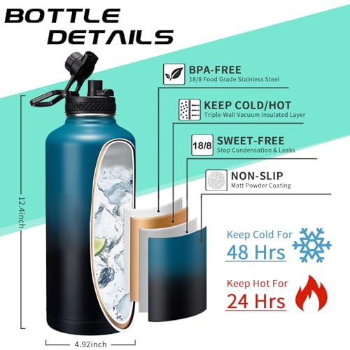 87/128 oz Insulated Water-Bottle with straw - Gallon Water Bottles with Phone Holder, Stainless Steel Water Jug with Strap & Auto Chug Lids, Gym Camping Sport Metal Flask w/Paracord Handle - color: Indigo Black Gradient, size: 87 Ounces