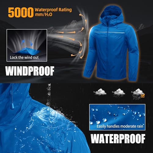 ZITY Mens Rain Jacket with Lining Waterproof Lightweight Rain Coats Packable Hooded Windbreaker for Hiking Golf Cycling - color: Blue, size: Medium