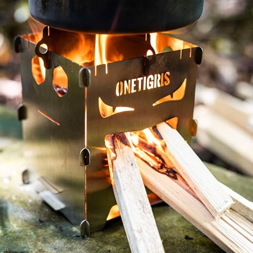 OneTigris Camping Backpacking Stove Portable Foldable Burning Wood Stove for Outdoor Hiking Picnic BBQ,Stainless Steel (Medium)