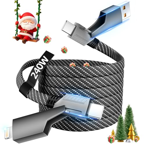 USB C Cable Fast Charging, 240W MAX 4 in 1 Charging Cable with E-Mark Chip | Multiple iPhone Charger Cord for iPhone 17-8/Pad/Android/Tablets and More, Carply Cable, Travel essentials & Car Accessories - color: Black&Gray, size: 1Pack 5 ft