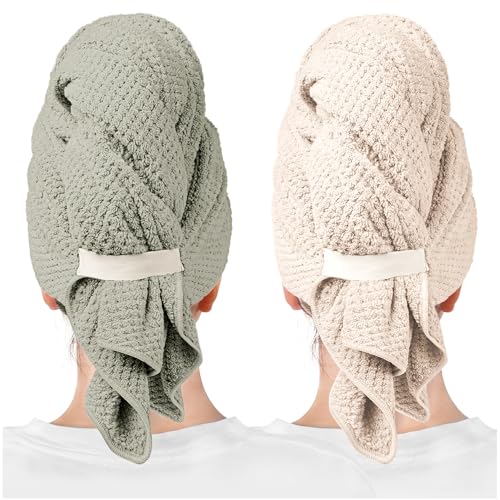 ROLSHOL 2-Pack Large Microfiber Hair Towel Wraps for Women, 27 × 39 in - color: Green, Clay