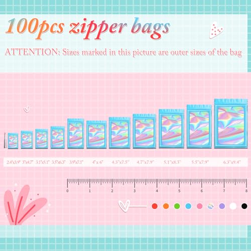 Funfery 100 pcs Blue Holographic Mylar Packaging Bags,Clear Seal Resealable Bags Foil Pouch Zipper Bag for Food Storage,Lipgloss,Jewelry,Eyelash Packaging for Small Business(2.4x3.9In) - color: Blue, size: 2.4 x 3.9 Inch